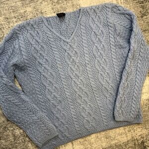 VTG Paul James Sweater Women Large Blue Cable Knit Fisherman Wool England V-Neck